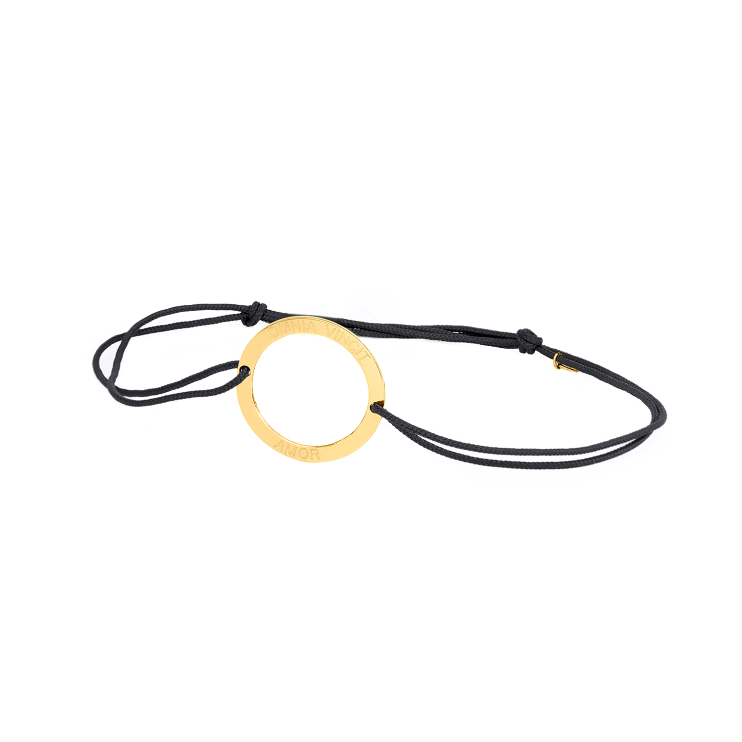 BRACCIALE SU CORDINO COLORATO CON SIMBOLO TONDO FORATO TERZA MISURA IN ORO INCISO IN LASTRA