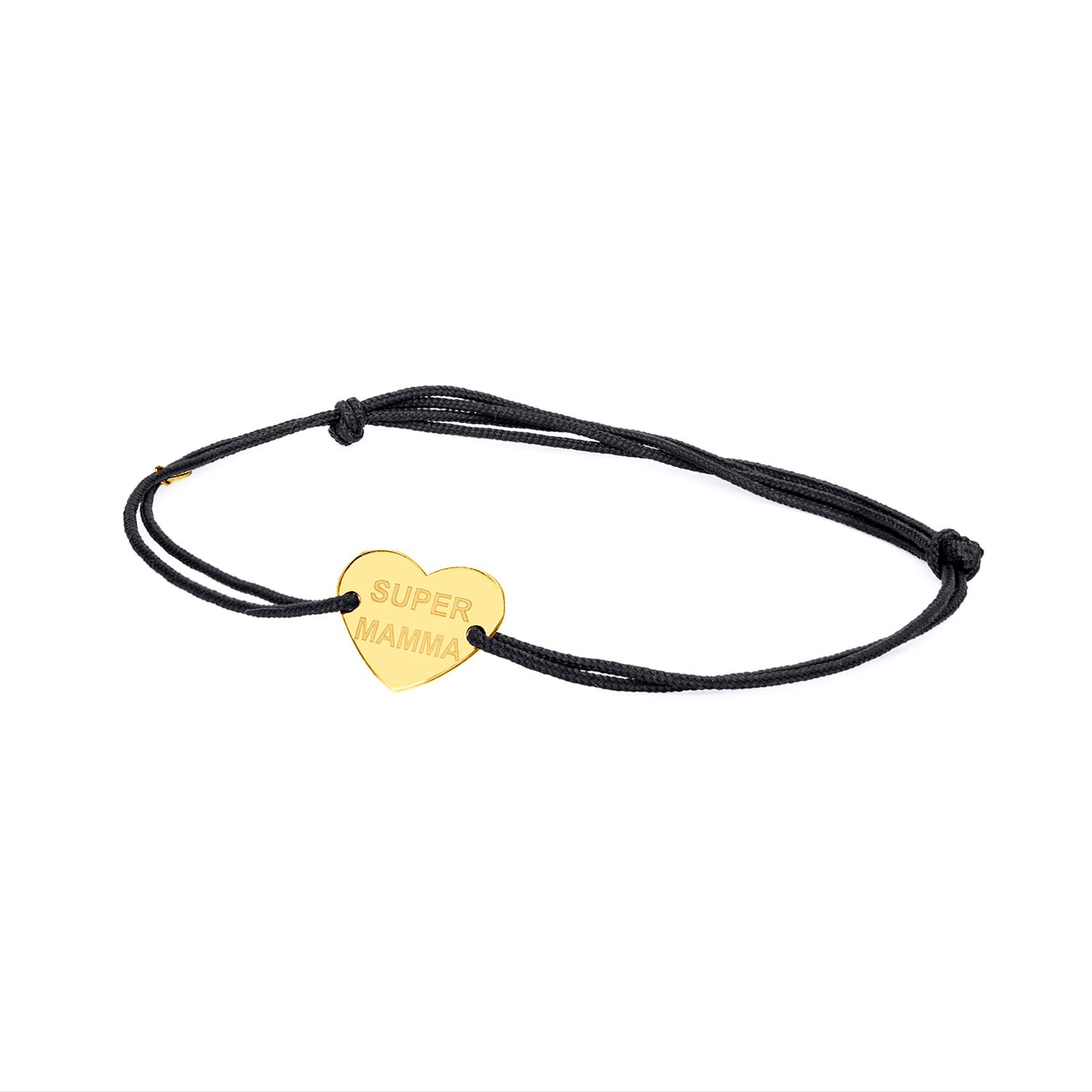 BRACCIALE SU CORDINO COLORATO CON SIMBOLO CUORE TERZA MISURA IN ORO INCISO IN LASTRA