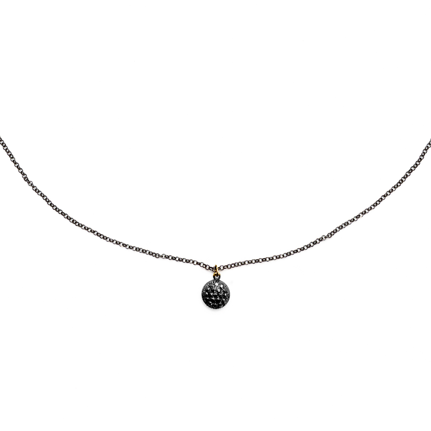 GIROCOLLO SU CATENA IN ARGENTO BRUNITO CON TONDO PICCOLO IN ORO E BRILLANTI NERI